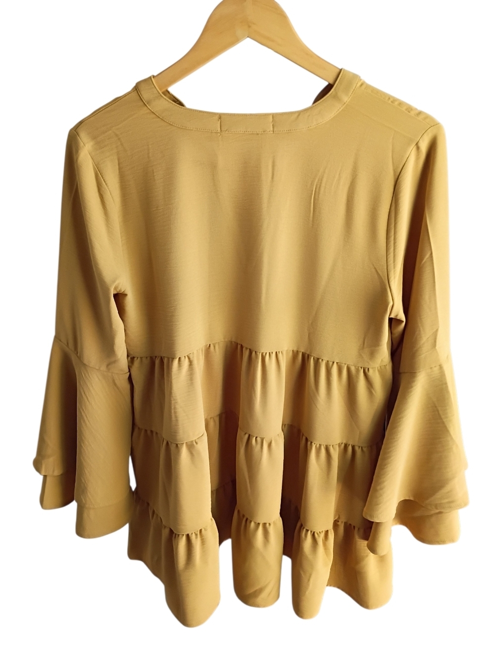 Impressions Tan Longsleeve Ruffle Top Size Small - Picture 4 of 5